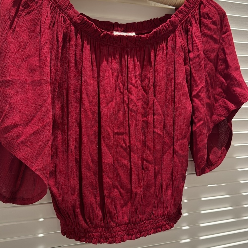 Luck & Trouble Burgundy Off Shoulder Smocked Flutter Sleeve Top (Australia) — image 4 of 5